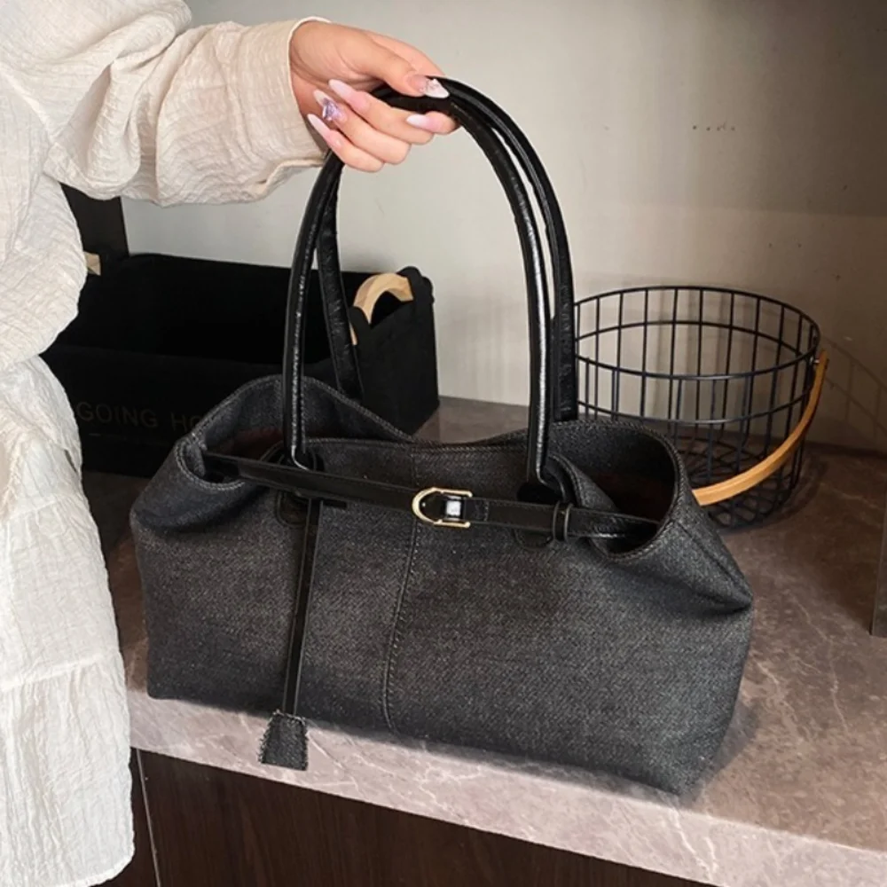 

Simple Hasp Closure Denim Shoulder Bag Patchwork Color Large Capacity Vintage Armpit Bag PU Chic Casual Tote Bag Students