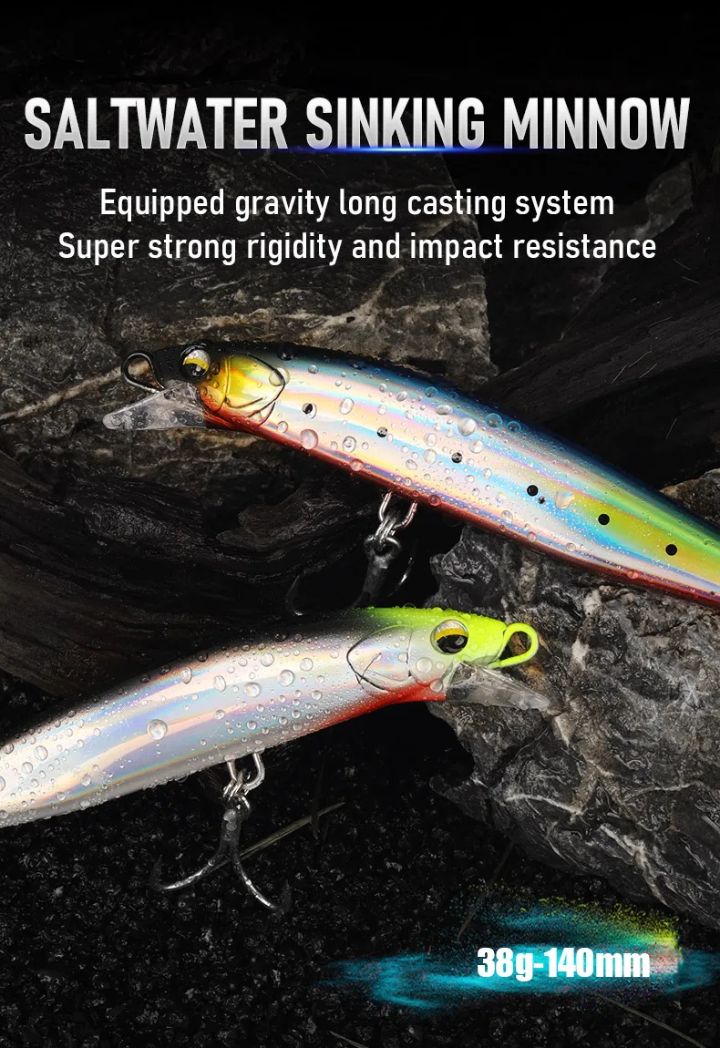 Kingdom Saltwater Minnow-Köder, 140 mm, 38 g, sinkender Draht, durch den Körper, langer Wurf, künstlicher Köder, Wobbler für Seebarsch, Jerkbait – Detail 1