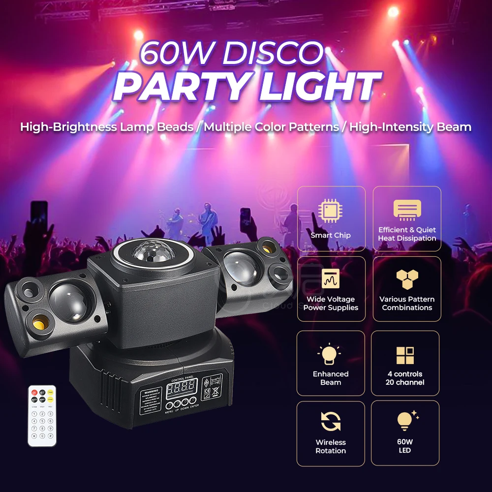 60W Disco Party Light DMX512/Sound-Activated DJ Mobile Head RGBW Mini LED Beam Moving Head Lights Strobe Laser Stage Effect Club