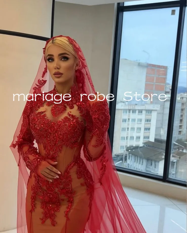 Red Champagne Mermaid Wedding Dresses Sparkly Crystal Applique Long Sleeve High Neck Garden Bride Gown Garment Customsized