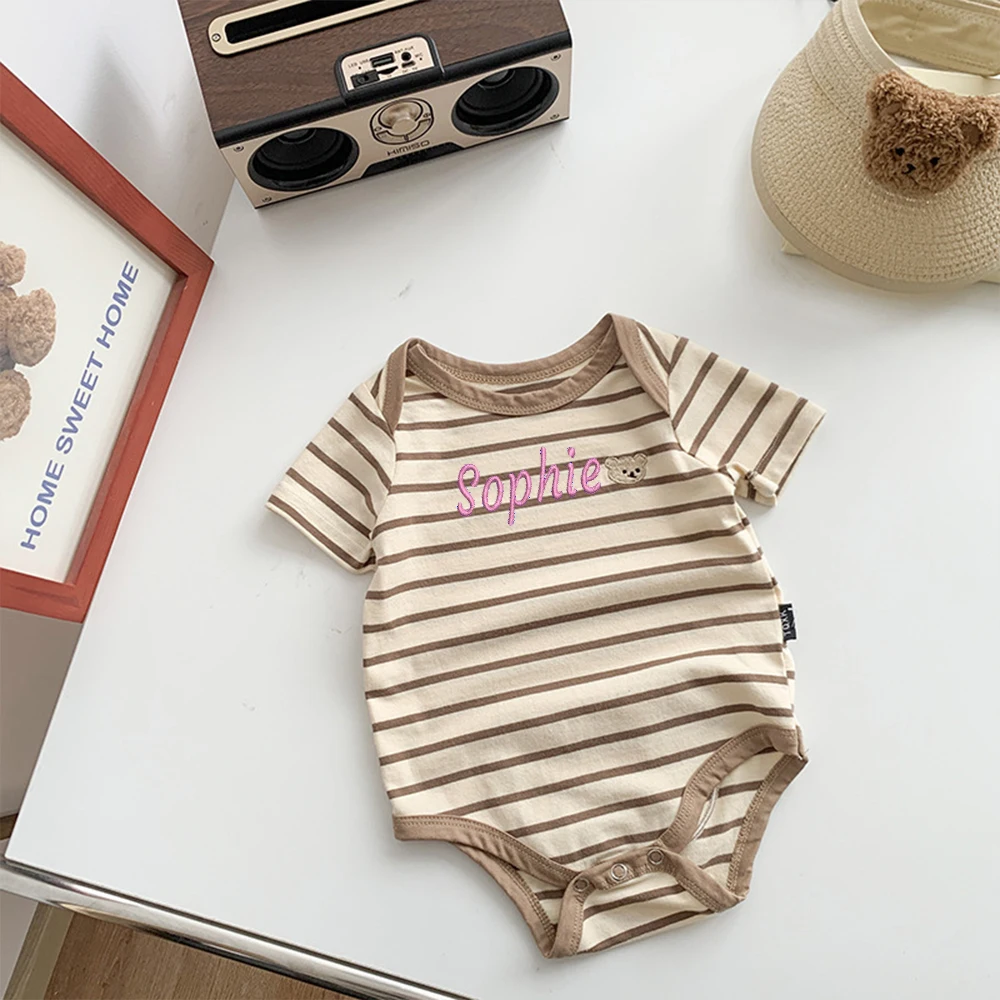 Customized Children's Clothing For Boys And Girls, Personalized Name Stripes, Short Sleeved Newborn Soft Jumpsuit