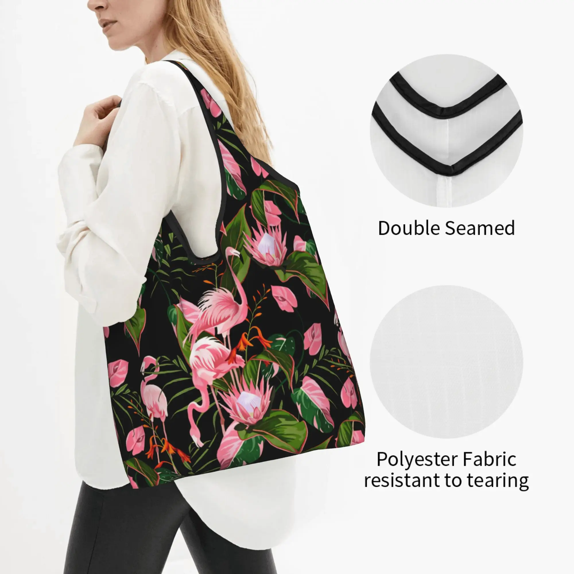 Custom Flamingo Hawaiian Style Palm Monstera Shopping Bag Women Groceries Tropical Plants And Flowers Shopper Tote Bags