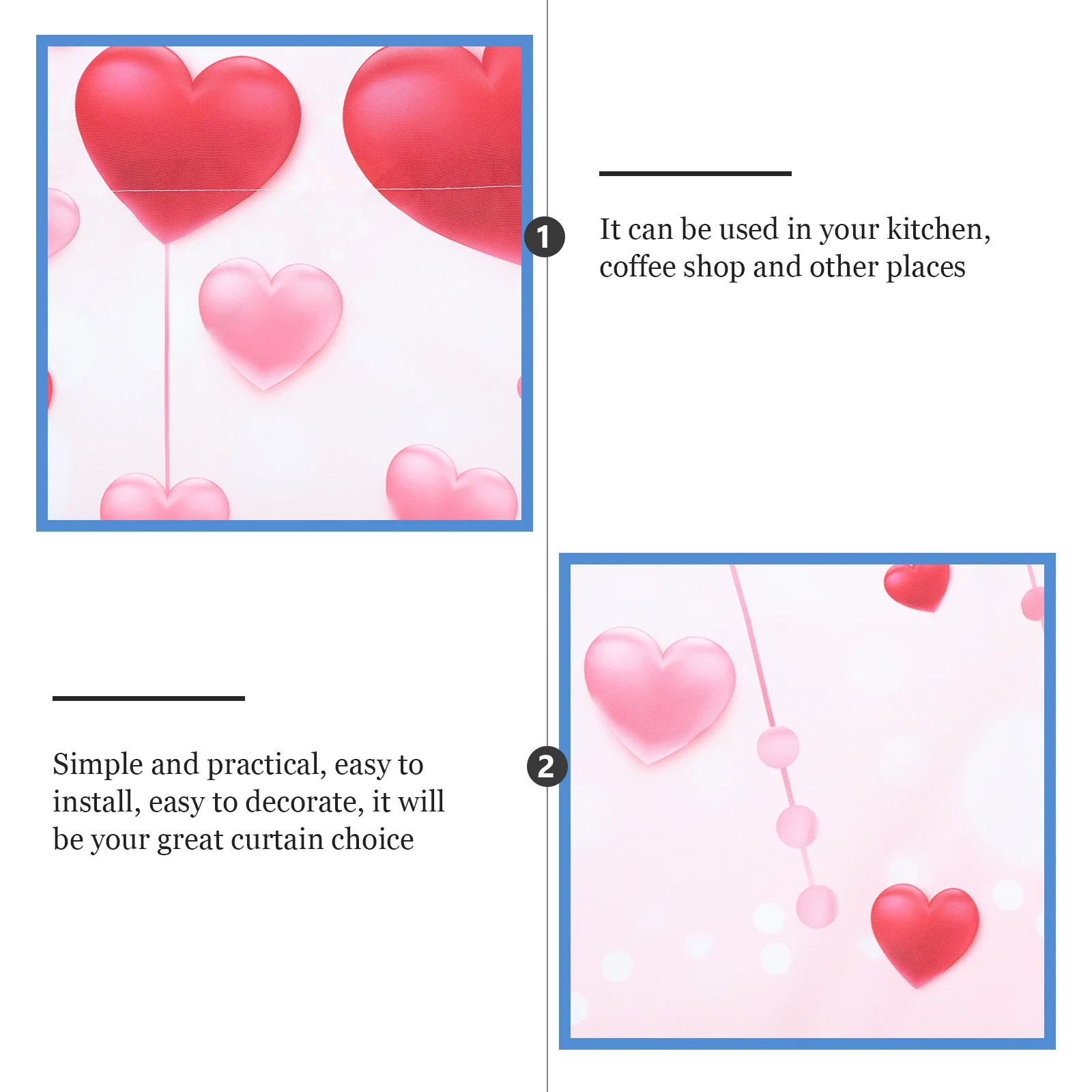 

1Pcs Kitchen Curtain Soft Pongee Material Valentine's Day Heart Print Short Window Curtain Decorative Home Decor