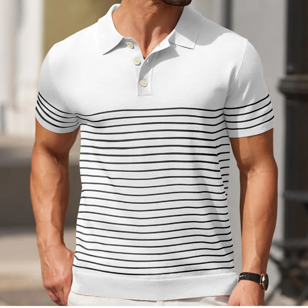 Men's Premium Striped Short Sleeve Tee Fashion Casual Golf Outfit Classic Striped Design Polo Shirt Comfortable Men‘s Summer Top