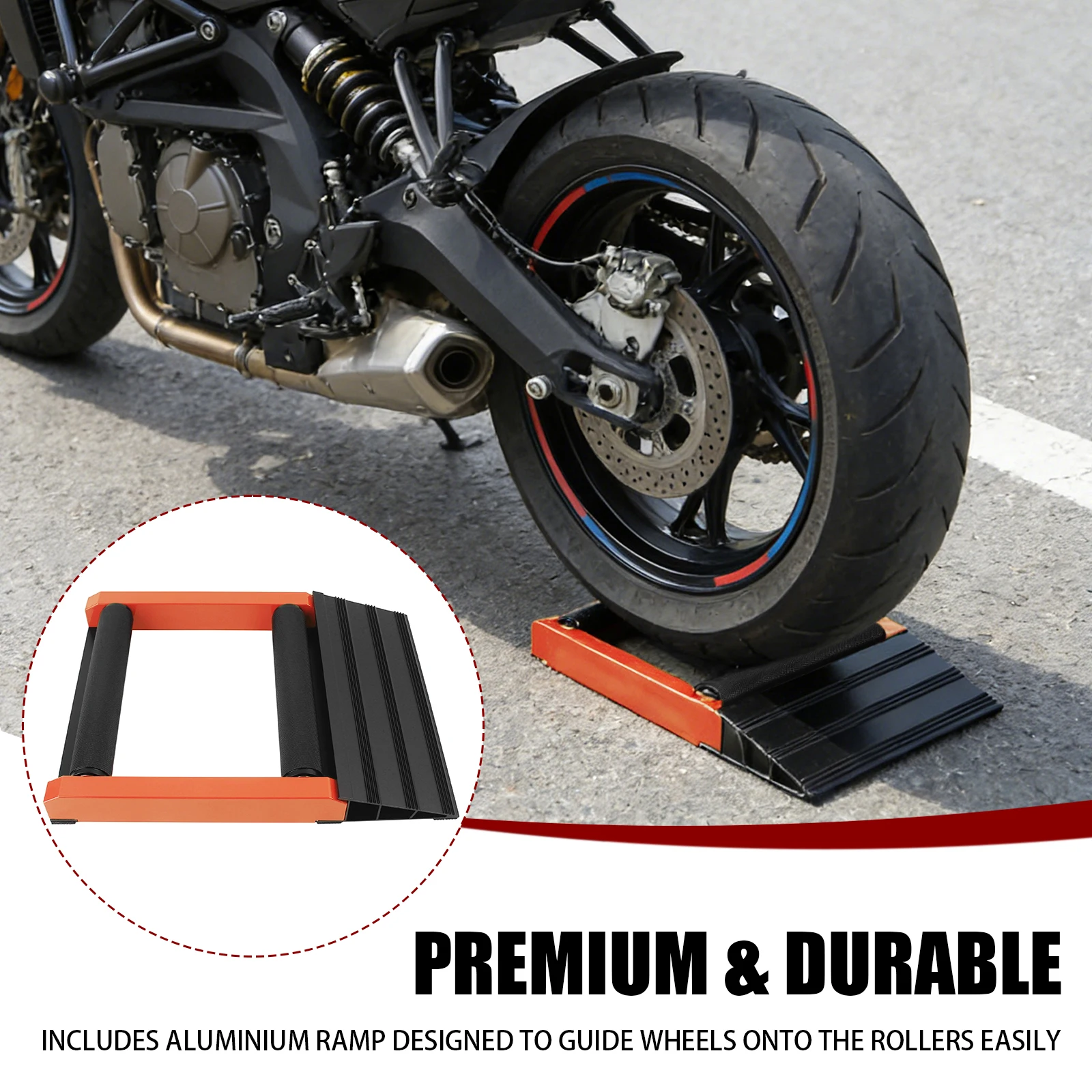 Portable Motorcycle Chain Tire Cleaning Stand Orange Wheel Clean Lubricate Ramp Lift Shelf With Rollers For Maintenance
