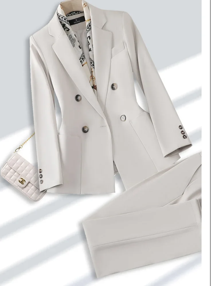 2025 Nuovo set di pantaloni da ufficio per donna per tutte le stagioni Set di pantaloni monocromatici slim fit Colletto doppiopetto Tailleur pantalone alla moda Set da 2 pezzi