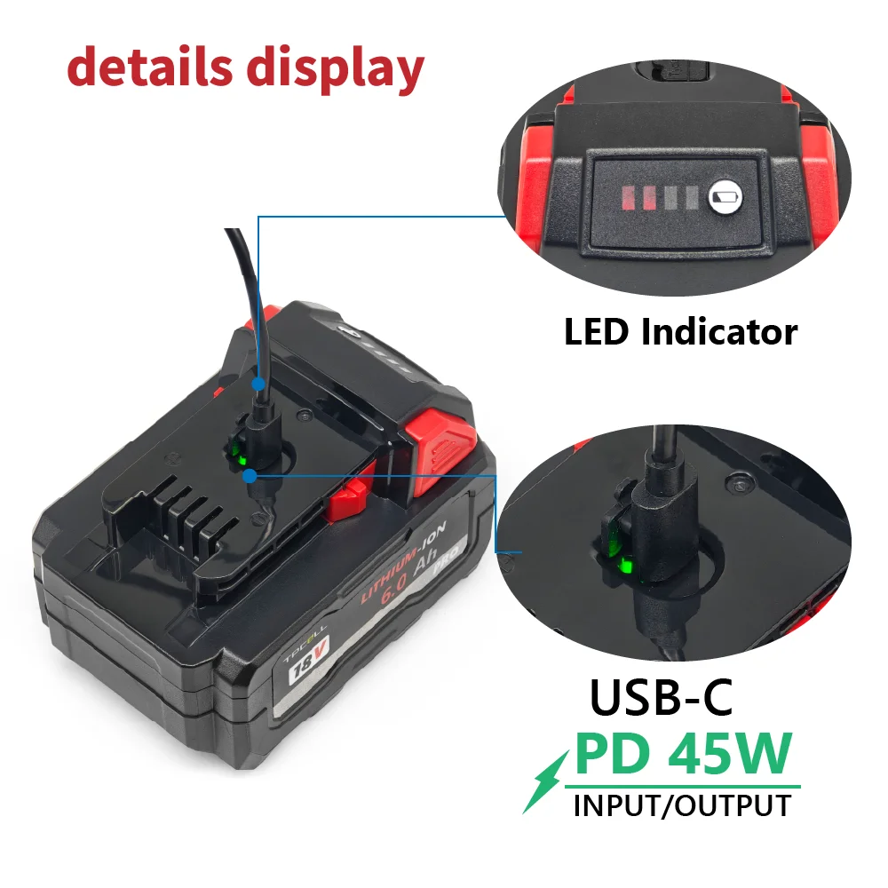 TPCELL PD45W 5AH/6AH For M.18 Tabless 18V Professional Battery with USB-C Li-ion Replacement High Output