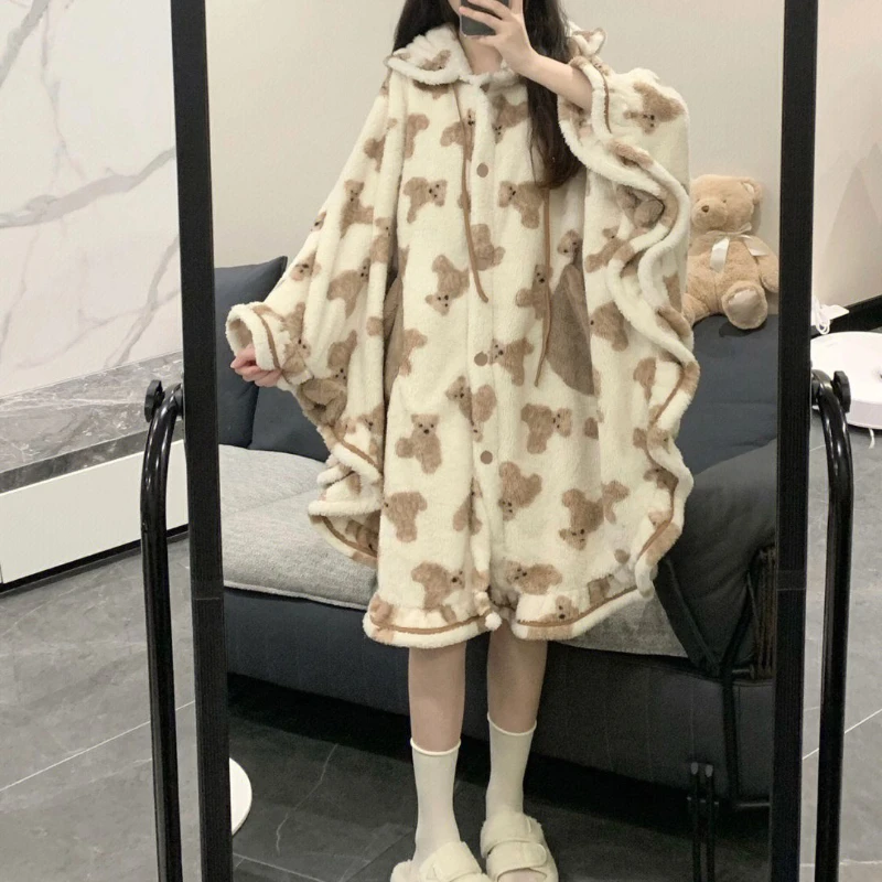 Girl Cute Bear Cape Coral Velvet Pajamas Women Winter Warm Thickened Soft Bathrobe Medium-length Robe Sleepwear Kawaii Homewear