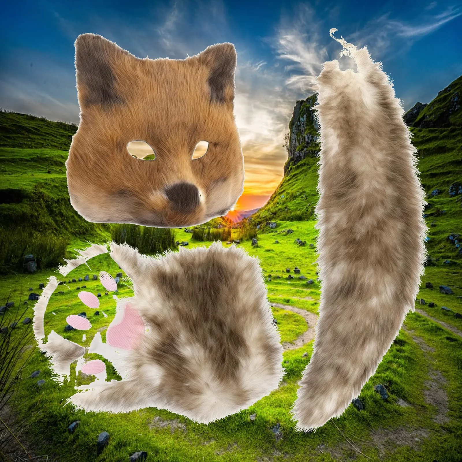 Comfortable Faux Plush Fox Tail Kit with Mask and Gloves for Festival Party Dress Up and Interactive Role Play Fun