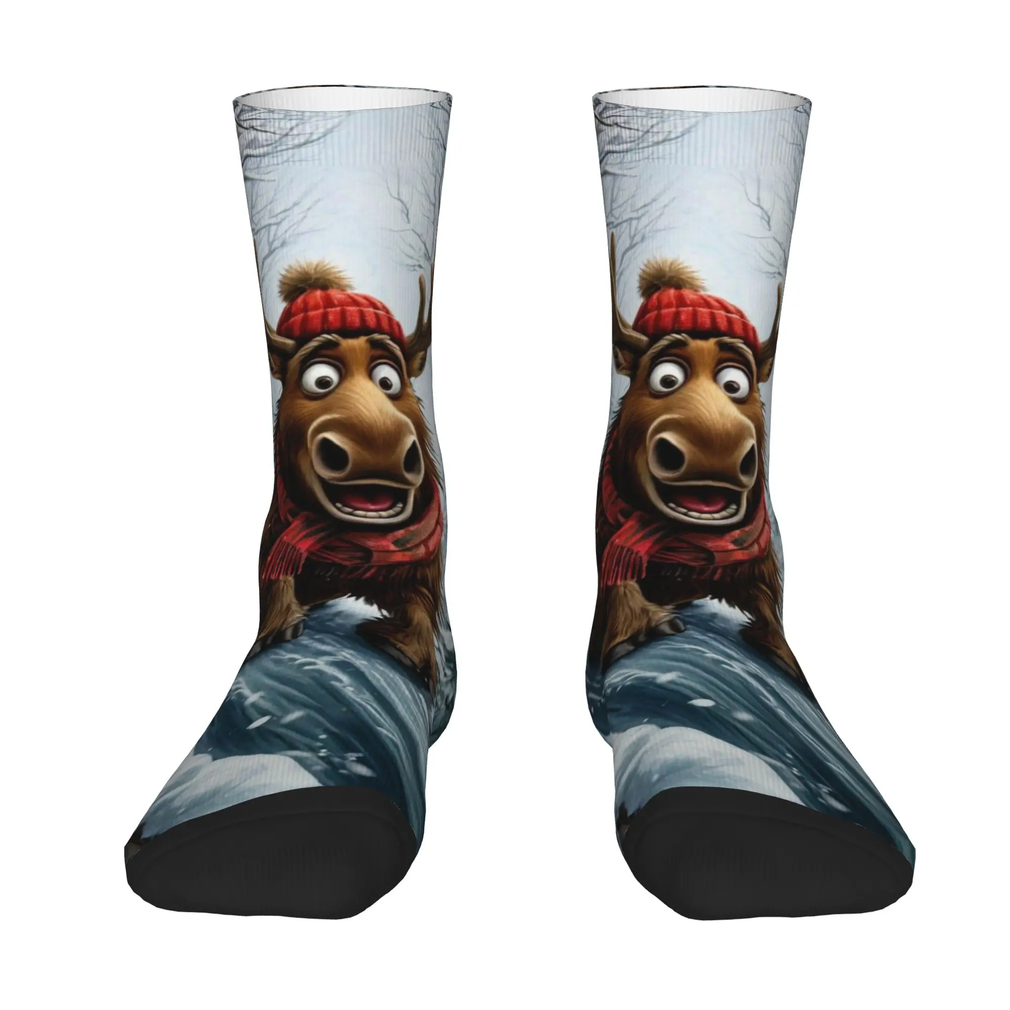1 Pair Funny Sock  Excited Moose Sliding Down Snowy Hill Harajuku Quality Pattern Printed Men Socks Casual Men's Socks