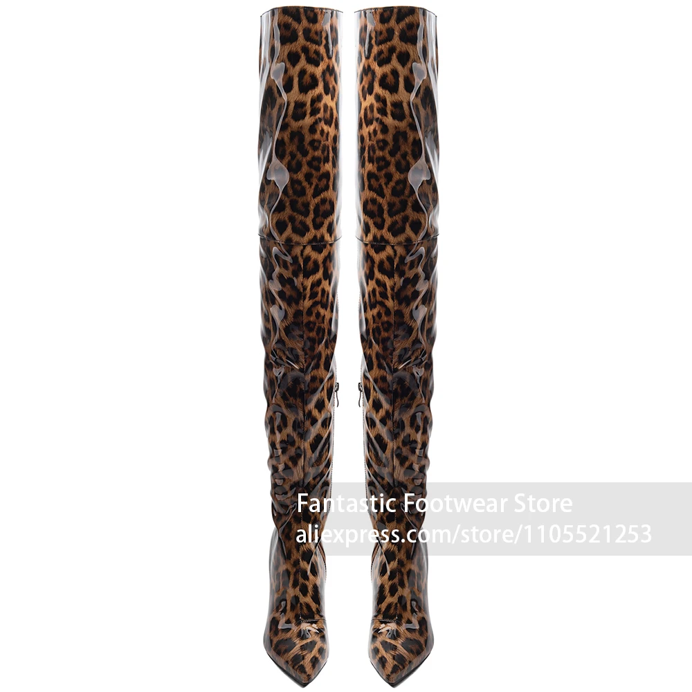 Leopard Print Patent Leather Upper Boots Slip On Tall Shaft Glossy Shiny Surface Slim Stiletto High Fashion Boots Sexy Clubwear