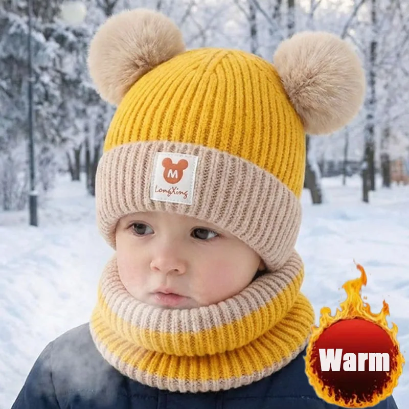 1-5PCS  2 in 1 Knit Hat Scarf Set Fleece Lined Earflap Beanie for 1-3 Years Toddler Boys Girls Warm Windproof Winter
