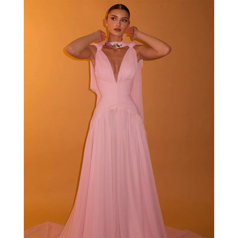 

Sexy Pink Deep V-neck A-line Saudi Arabic Chiffon Evening Dress Sleeveless Prom Dress Formal Party Gown Robe De Soirée Customize