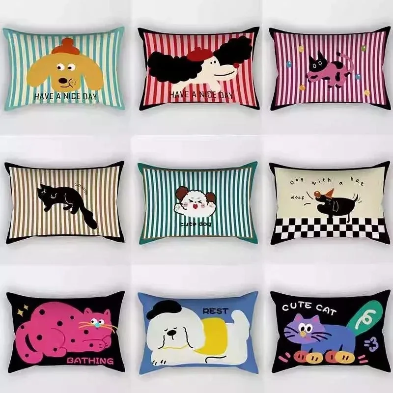 

Cute Cartoon Cat Dog Lumbar Pillow Case Rectangle Striped Cushion Cover Kawaii Animal Throw Pillowcases for Sofa Bed Kids Room