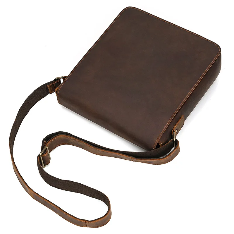 Men Vintage Crazy Horse Leather Flap Briefcase, Top Grain Cowhide Shoulder Crossbody Bag Casual Outdoor Genuine Leather Handbag