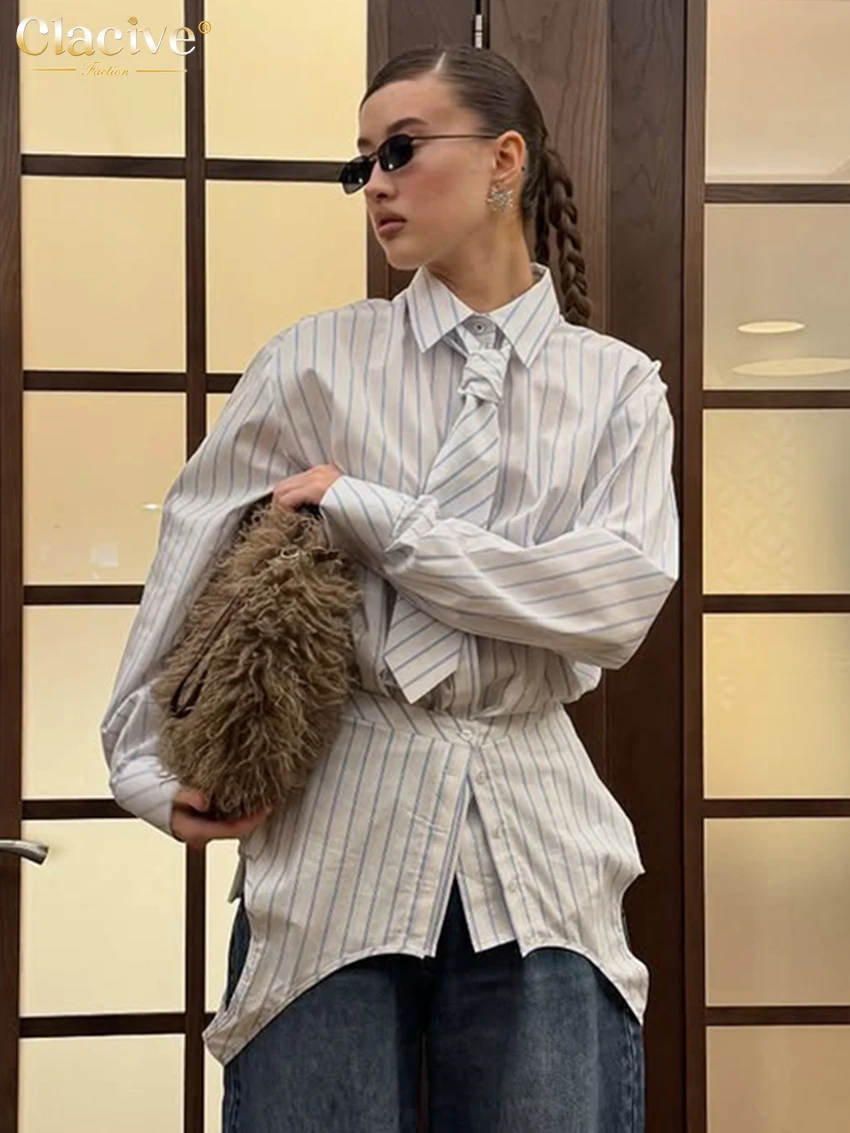 Clacive moda solta impressão blusa feminina 2026 casual lapela camisa de manga longa elegante gravata cinto topo 2 peças roupas femininas