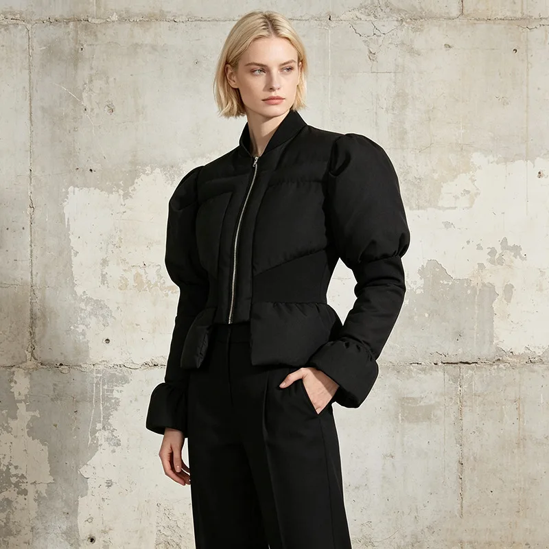 KIDCRKJ Ladies Solid Slimming Coats for Women Stand Collar Flare Sleeve Patchwork Zipper Tunic Jackets Female Fashion Outerwears