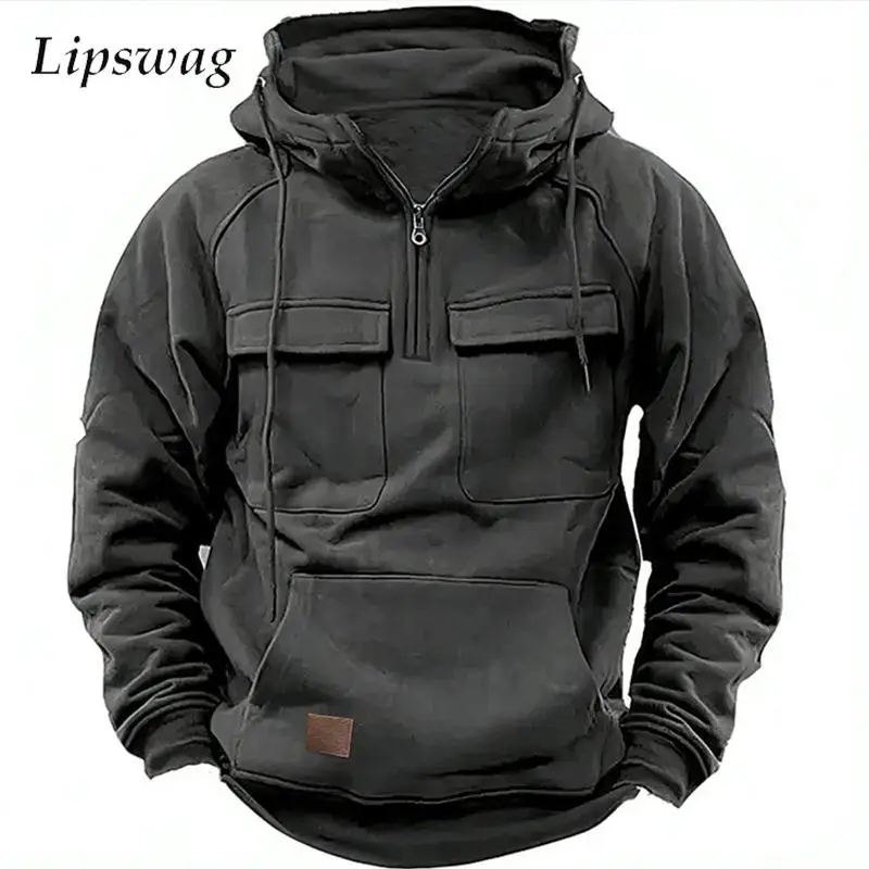 

Stylish Y2K Hoodies For Mens Fall Long Sleeve Zip-up Hooded Sweatshirt Fashion Men Clothes Solid Color Multi Pockets Hoodie Tops