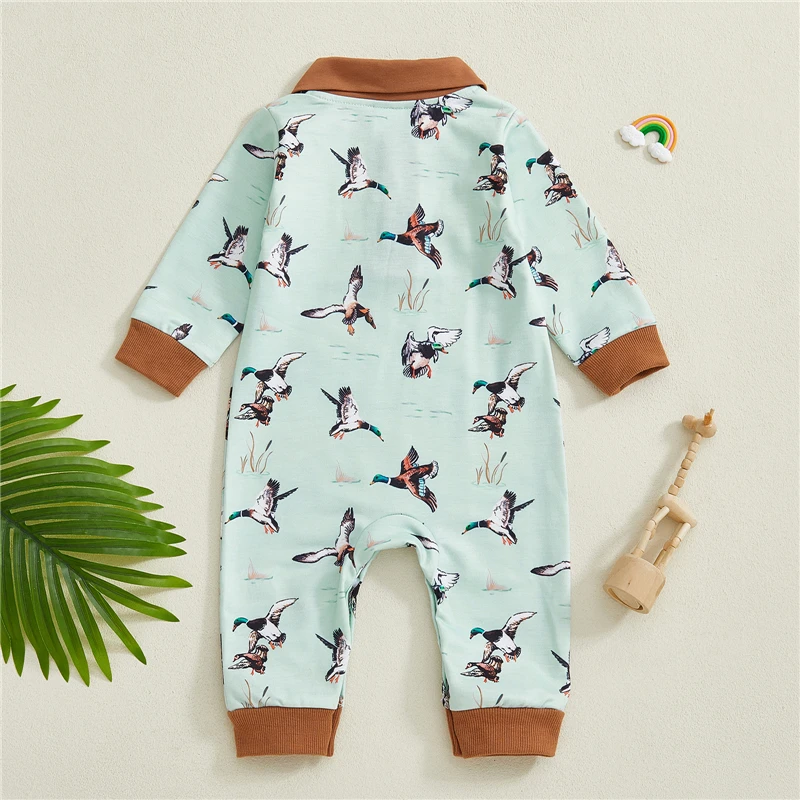 الوليد طفل الفتيات الفتيان الخريف رومبير تحلق بطة طباعة زر متابعة رفض طوق طويلة الأكمام بذلة الرضع #6