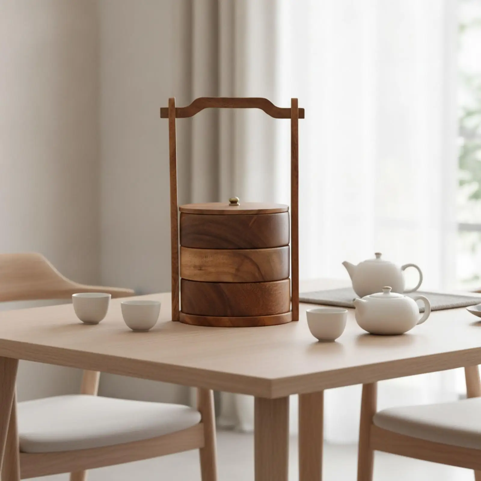 Multi Tier Snack Box with Wooden Handle Walnut Finish Airtight Lid Storage for Kitchen Counter
