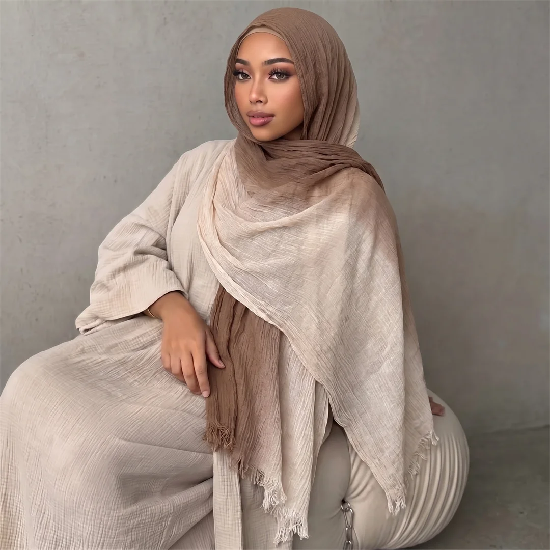 Gradient Two Tone Rayon Hijab Scarf Fringe Soft Light Muslim Women Headscarf Wrap Breathable Boho Daily Islamic Turban Shawl