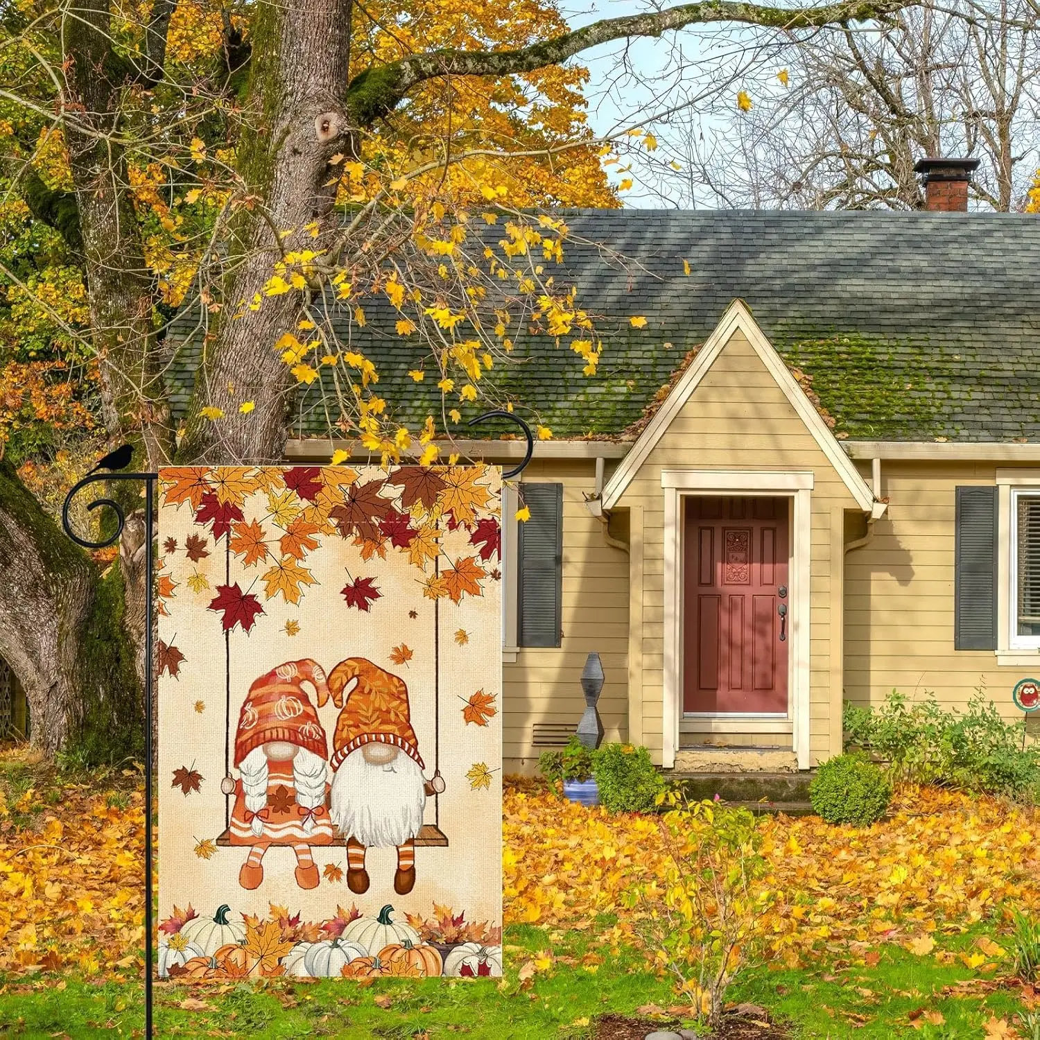 Fall Gnomes Swing Maple Leaves Pumpkins Autumn Garden Flag Yard Flag 12x18 Inch Double Sided Small Mini Yard Outdoor Outside JHH