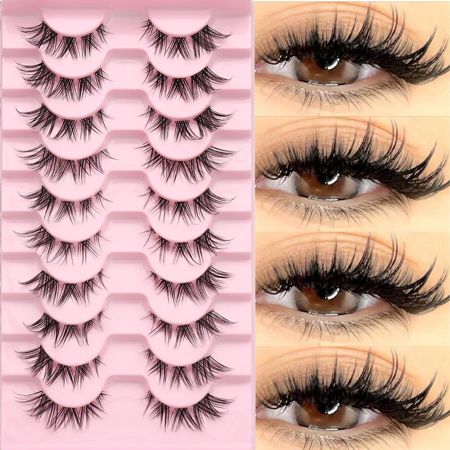 10 Pairs 3D Faux Mink False Eyelashes Fox Eye Wispy Strip Lashes Winged Voluminous Soft Reusable Eyemake up for Women