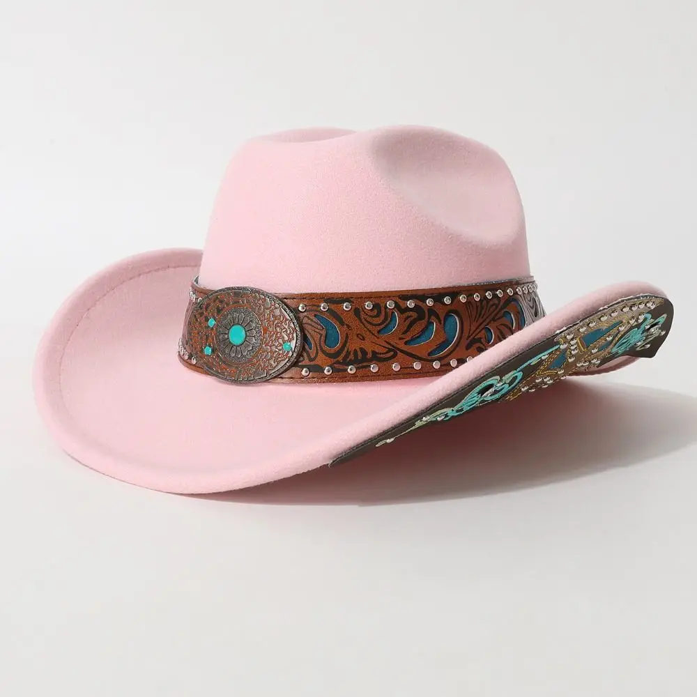 Turquoise Decor Western Cowboy Hat Embossed Band Vintage Wide Brim Sun Hat Retro American Style Cowgirl Hat For Women Man