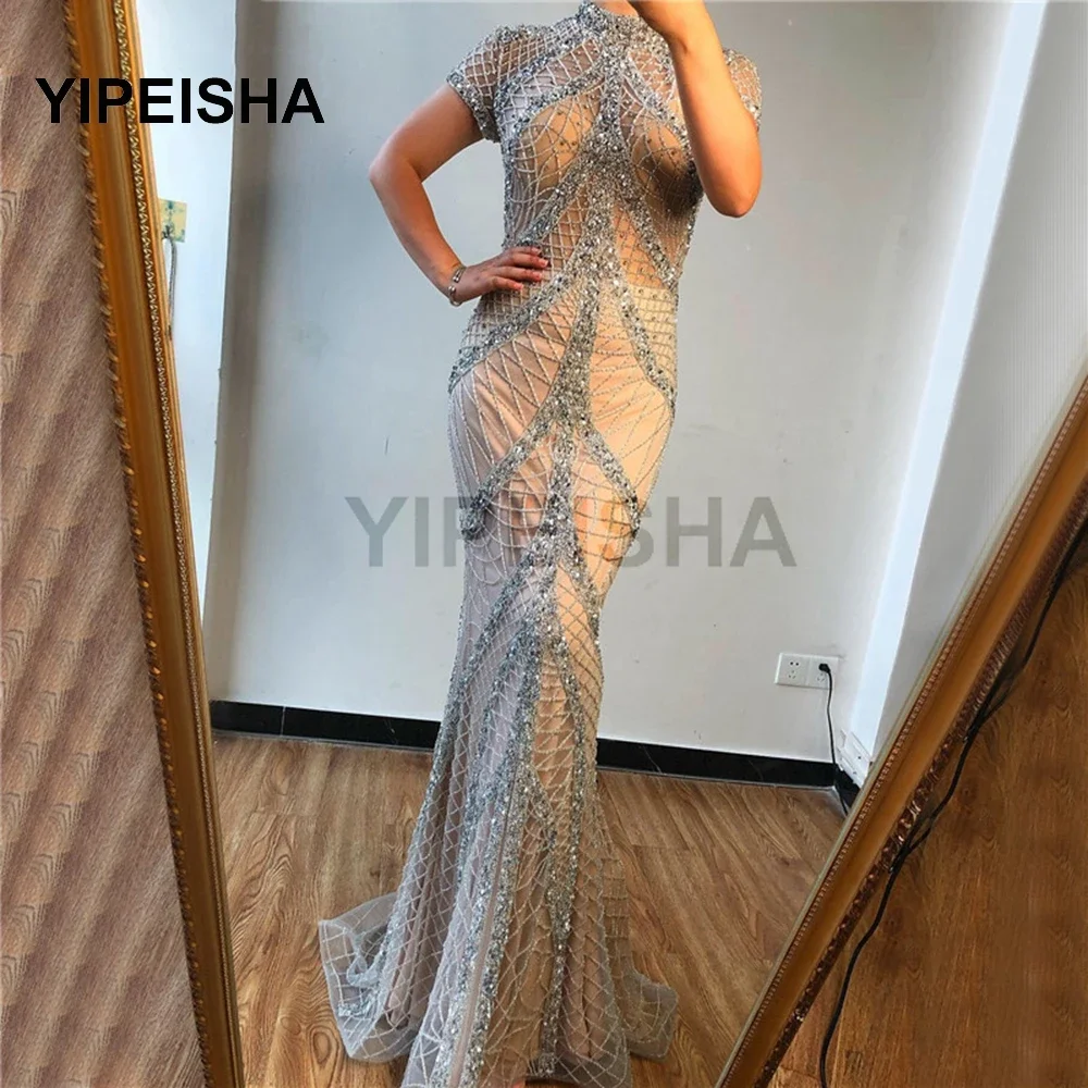 

2021 Llittery High Neck Short Sleeve Mermaid Evening Dresses Crystal Beading Sequined Prom Party Gown robe de soirée mariage