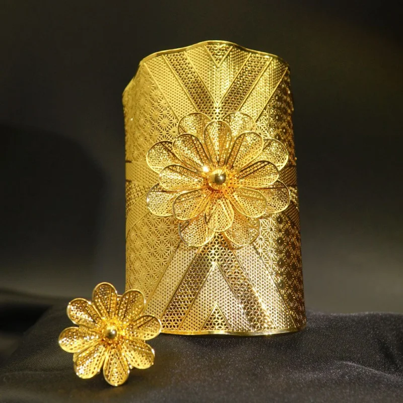 

Dubai Gold-Plated Large Bracelet Ring Jewelry Set Middle Eastern Women's Wedding Eid Jewelry Accessories Flower