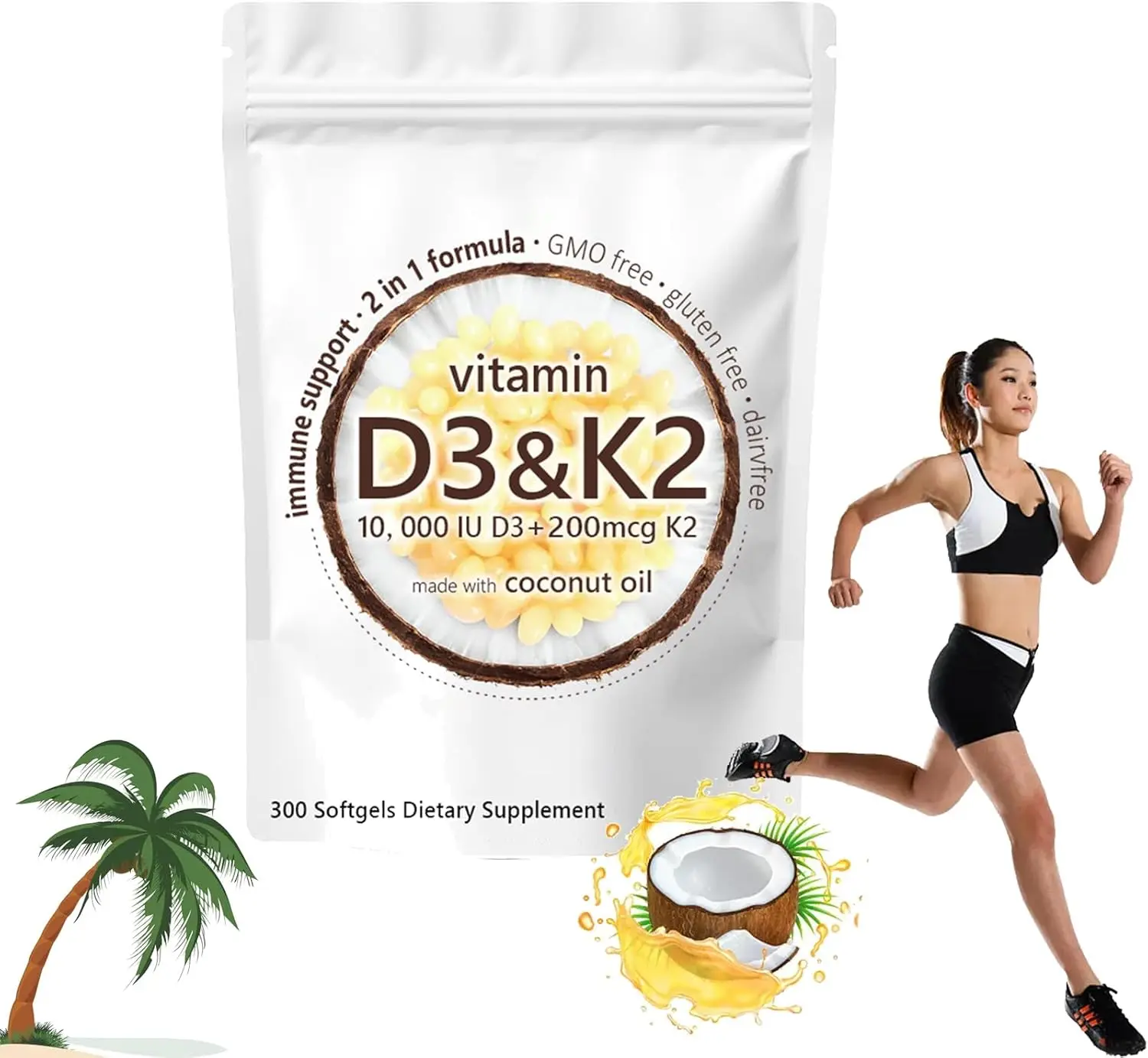 Supplement Softgel, Vitamin D3 K2 10000 IU with 200 mcg Vitamin K2 (MK-7), Vitamin D3 K2 10000 Iu with Coconut Oil,300 Gels