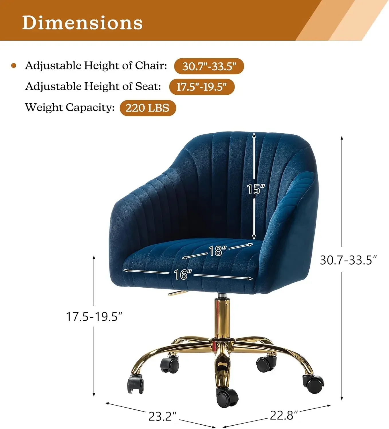 HOME Velvet Home Office Desk Chair, Modern Cute Computer Task Chair, Wheels Swivel Height Adjustable Upholstered Vanity C