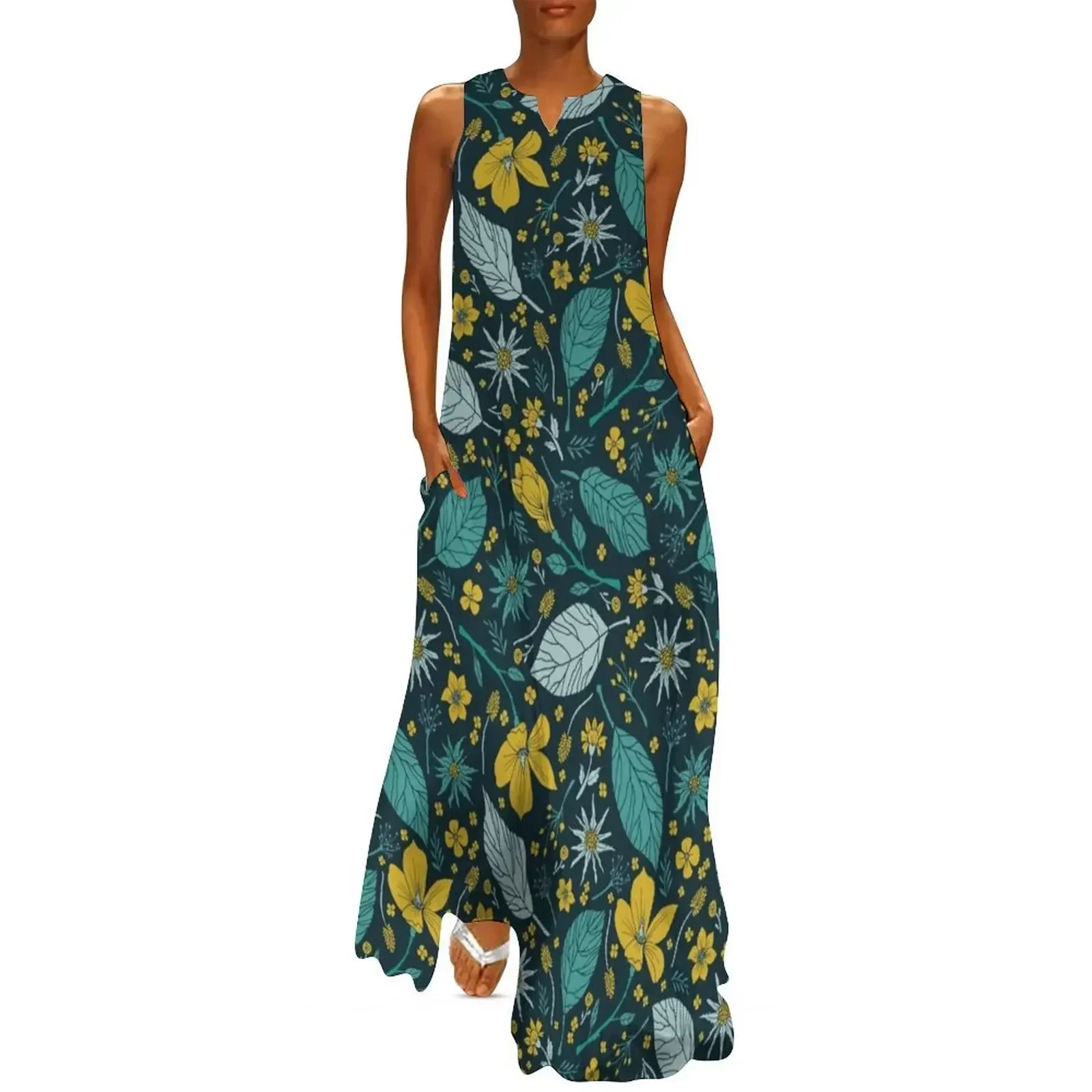 

Teal & Mustard Yellow Flower Pattern Long Dress luxury dresses Bride dresses ceremony dresses Dress
