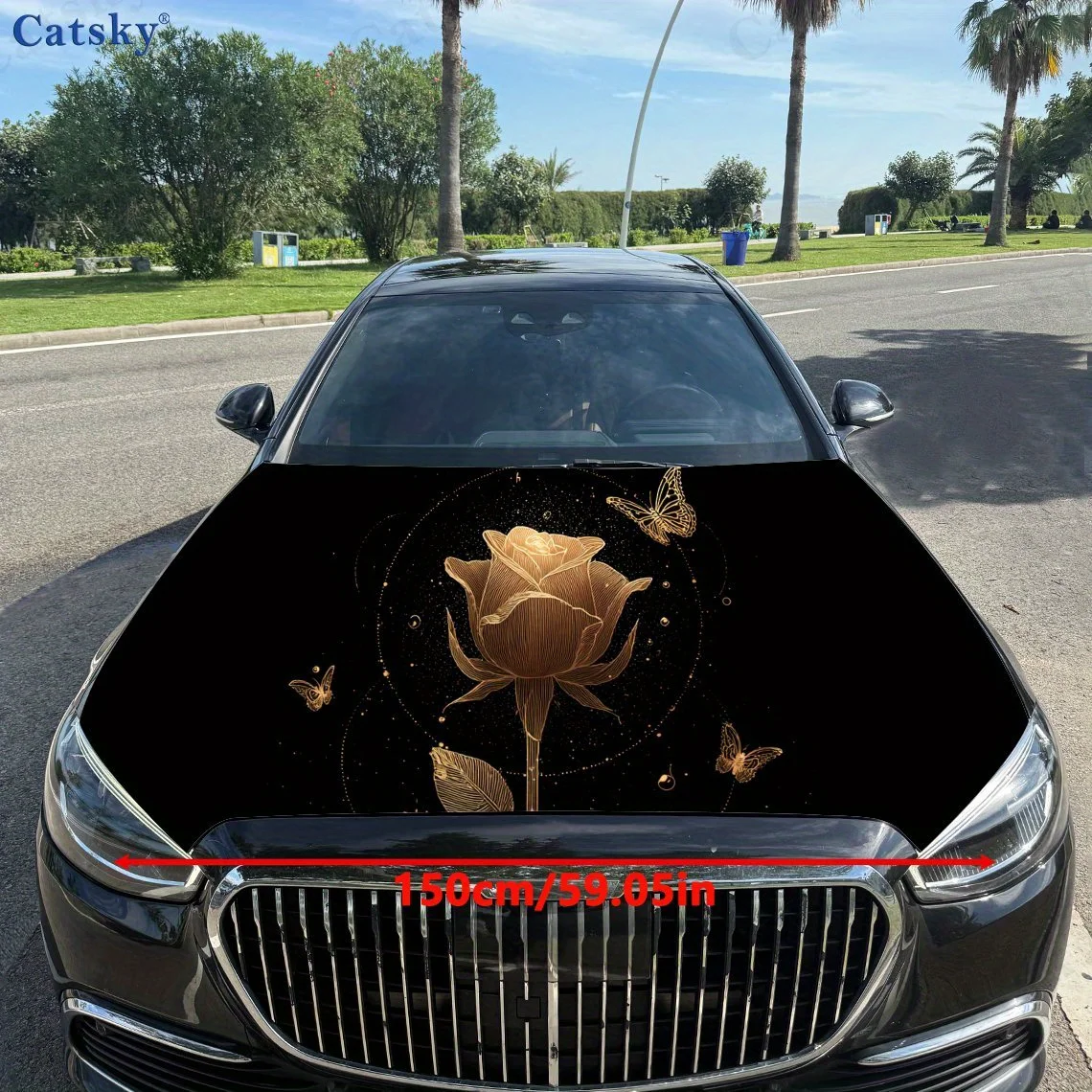 طباعة الورد الذهبي، ملصقات غطاء محرك السيارة، ملصق غطاء السيارة ذاتي اللصق PVC المقاوم للماء، ملصقات حماية تزيين غطاء السيارة، أوتوماتيكي A #2