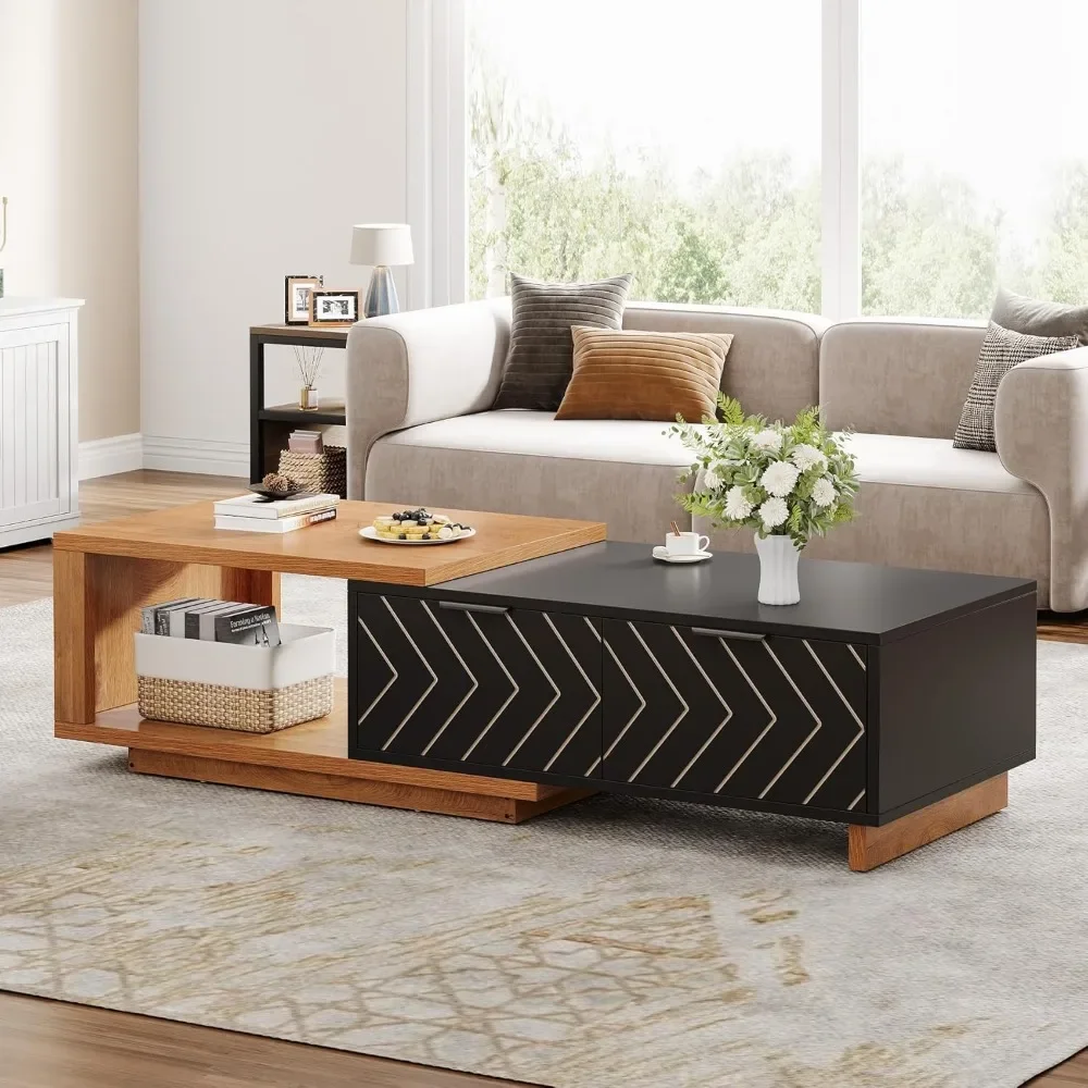 طاولة قهوة قابلة للتمديد، طاولة قهوة خشبية قابلة للتعديل بطول 42 بوصة - 65 بوصة مع درجين للتخزين لغرفة المعيشة #3