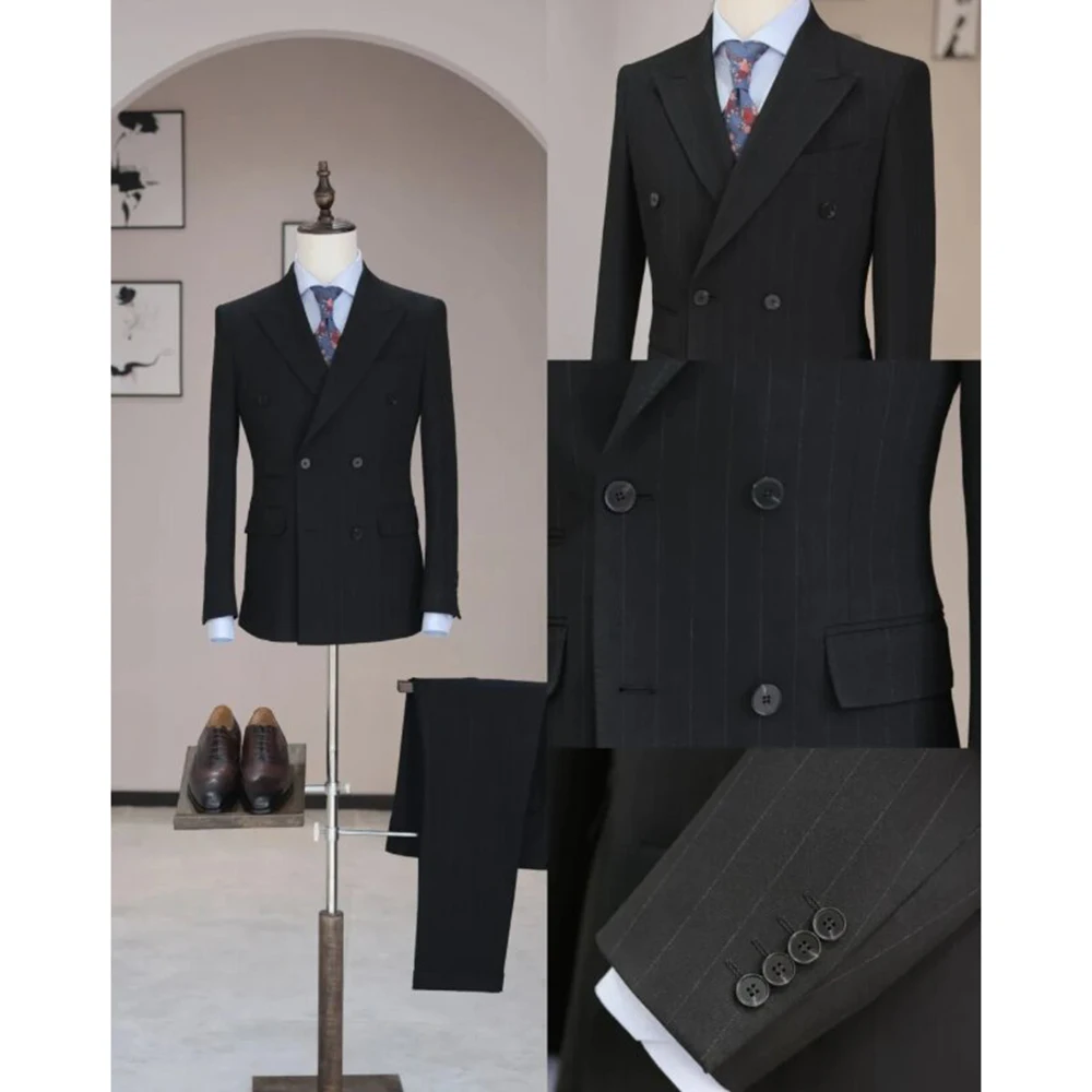 

Classic Stripe Men's Suits Peak Lapel Double Breasted Male Blazer Pants Sets Formal Slim Business Banquet Daily 2 Pieces Set
