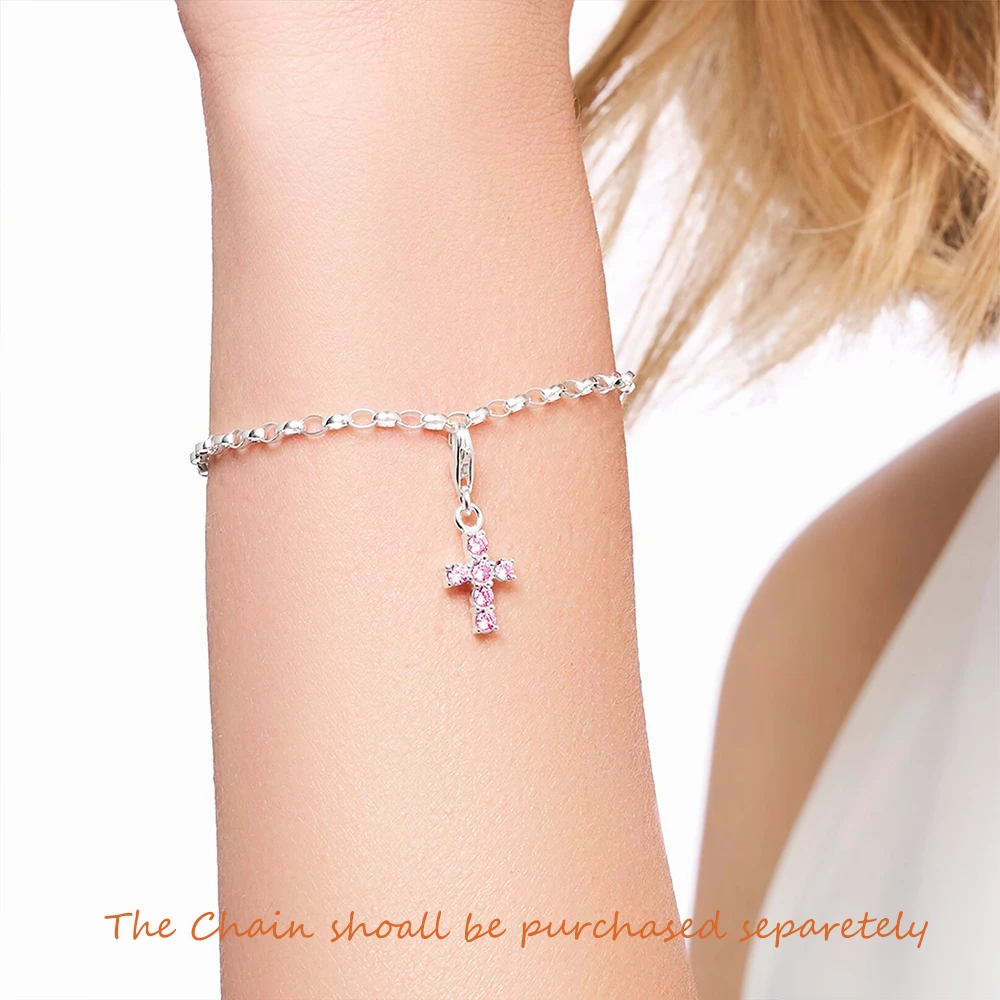 Pink Stone Cross Charm Pendant 925 Sterling Silver New DIY Jewelry Romantic Accessories For Women