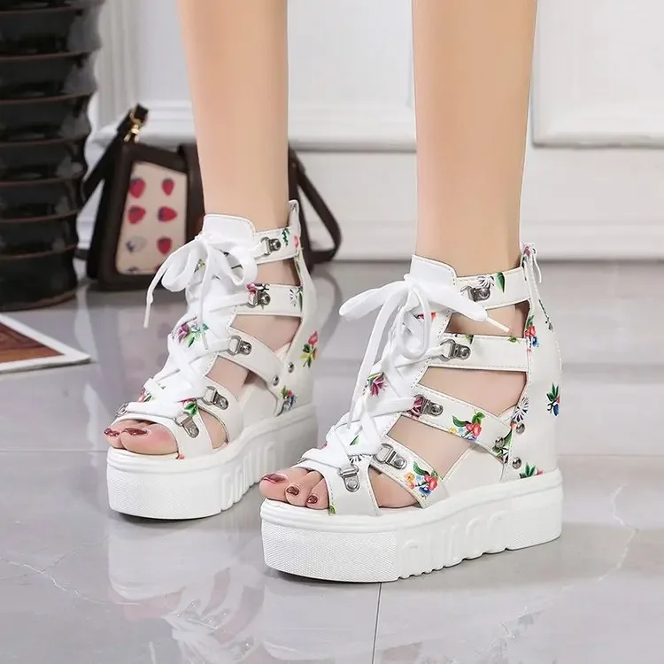 Hot Print Leisure Wedges Women\'s Shoes 2024 Summer Shoes Women Sandals Platform Shoelaces High Heels Casual Shoes Woman