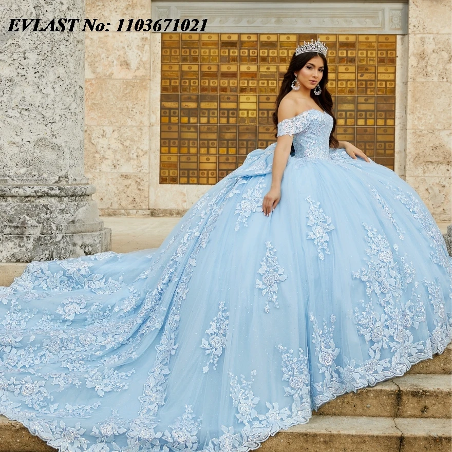 EVLAST Customized Mexican Blue Quinceanera Dress Ball Gown Lace Applique Beading Bow Tiered Corset Vestidos De XV Anos SQ317