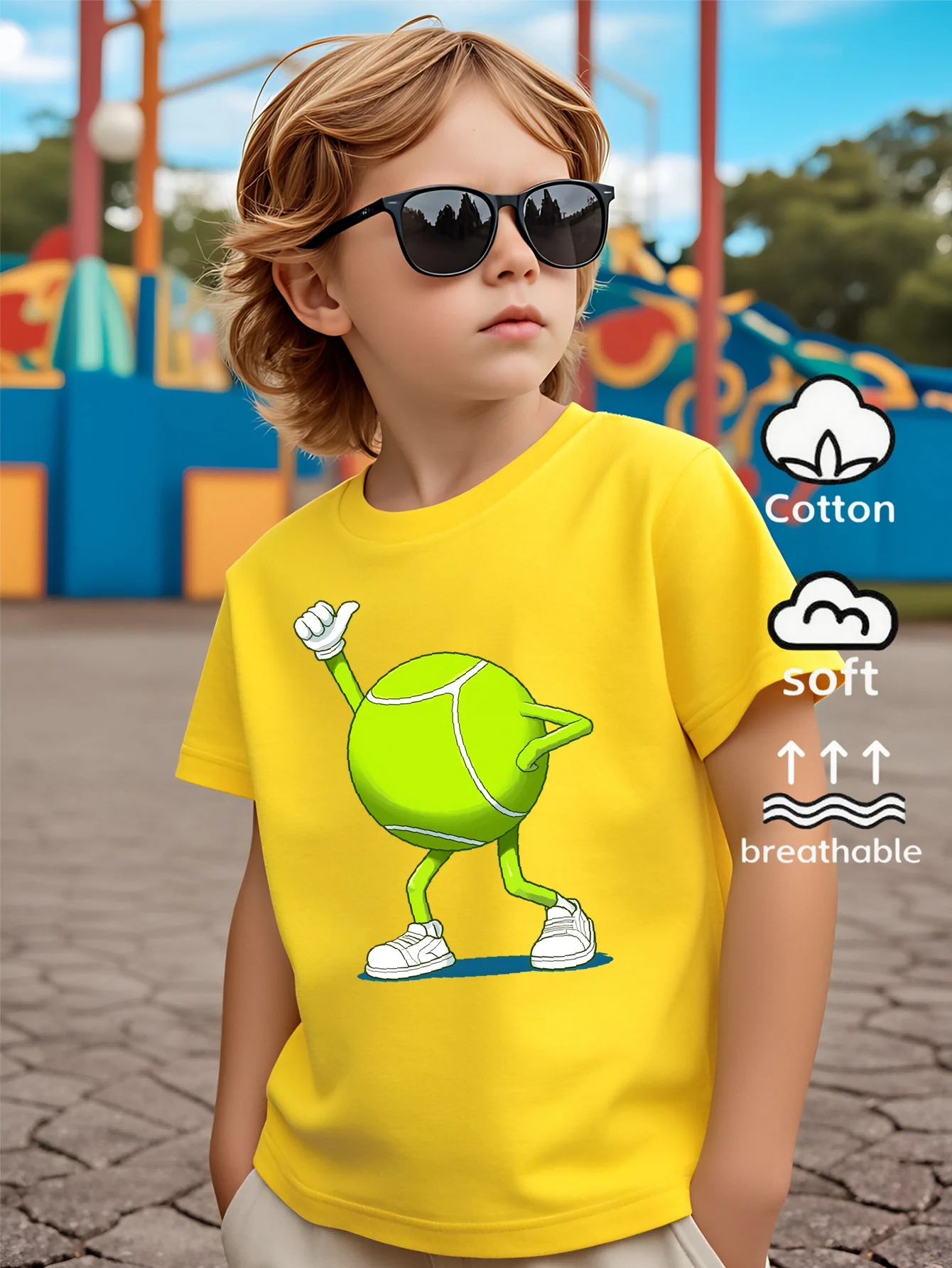Children's T-shirt with Tennis Theme Standing Posture Pattern Fun Summer Design Daily Wear, Fun Printed Parent-child Outfit