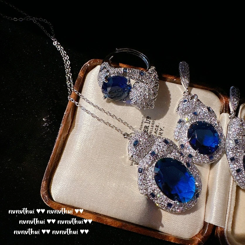 Sri Lankan Simulation Sapphire Zirconia Leopard Jewelry Set Women Elegant 925 Silver Color Cocktail Party Ring Earring Necklace