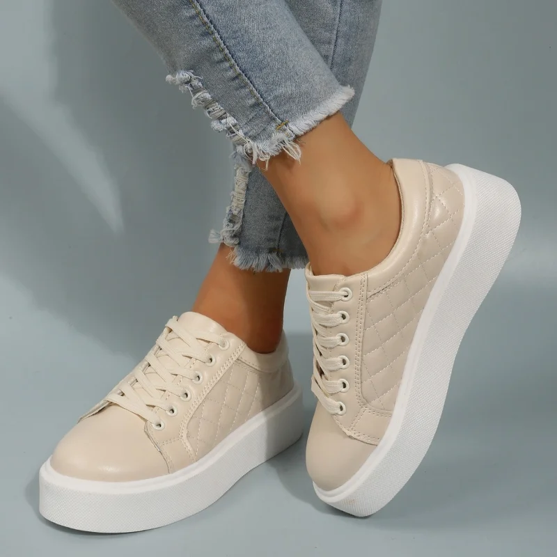 2023 Spring Autumn Genuine Leather Women Sneakers White Cowhide Platform Sneakers Women Simple Lace Up Flat Sneakers Woman