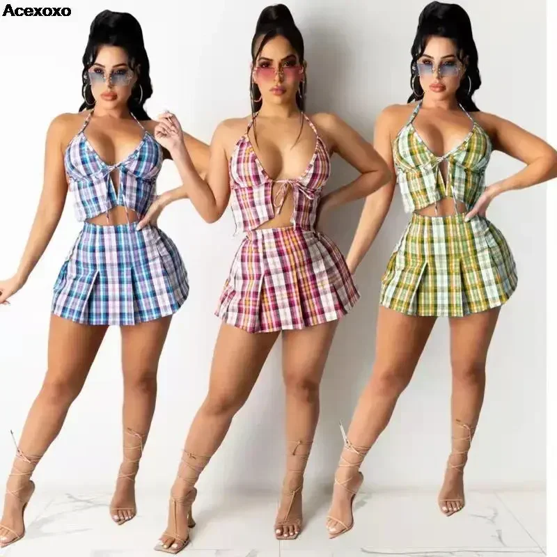 

Summer new women's casual fashion sexy slim check neck V-neck pleated skirt two-piece set