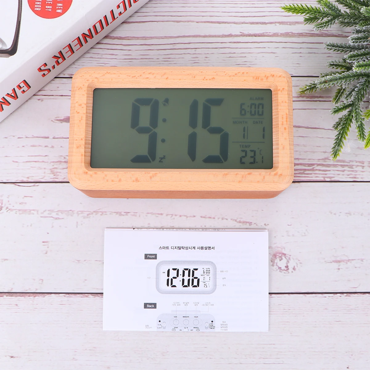 

1pc Solid Wood Alarm Clock Home Wooden Electronic Desktop Mirror Premium Material Modern Small Digital Temperature for Office