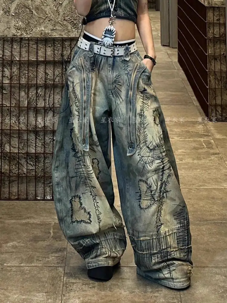 Unisex Jeans 2025 Autumn Winter Women's Retro Distressed Man Denim Pants Random Embroidery Y2K Street Punk Flare Wide Leg Pants