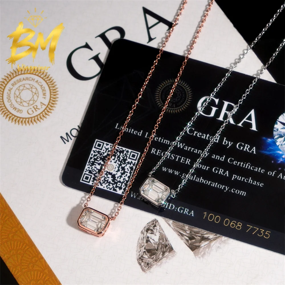 Blingminer 6*8mm Emerald Cut VVS Moissanite Pendant Necklace S925 Silver For Women Jewelry Pass Diamonds Tester With GRA