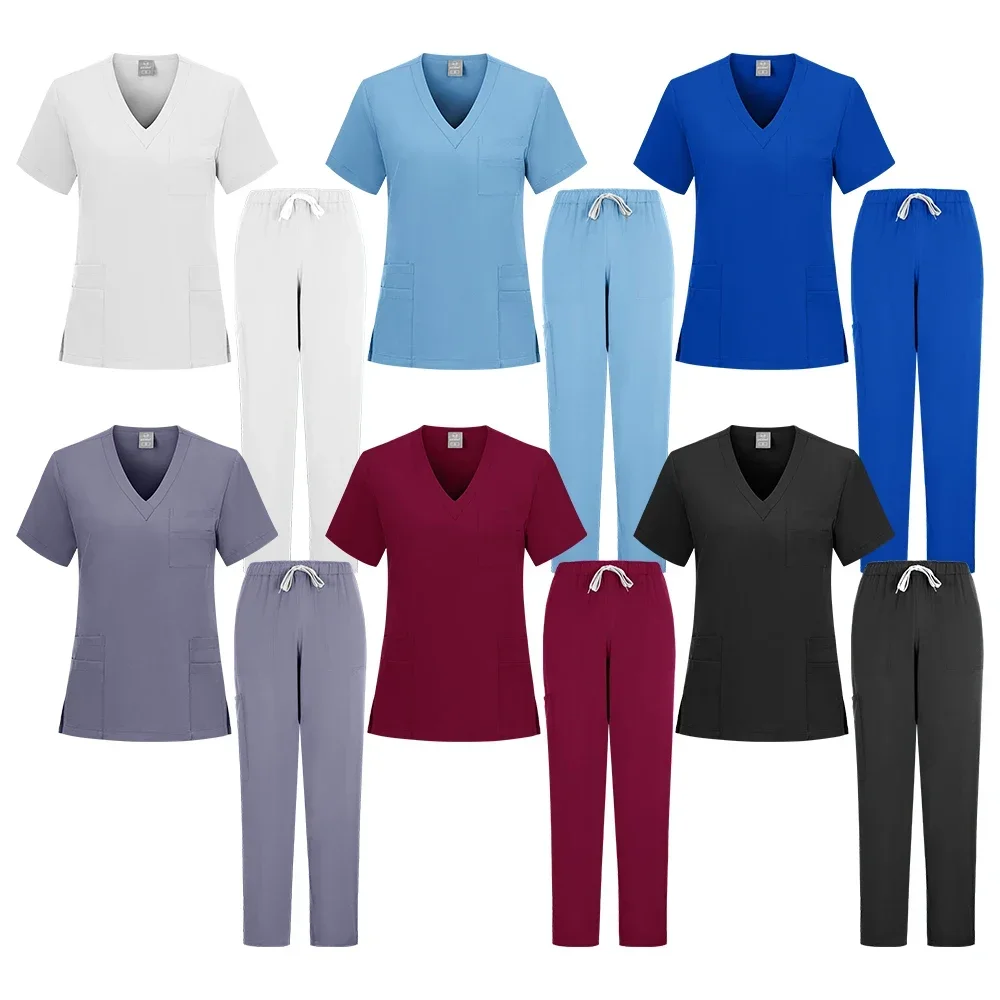 New Nurse Uniforms Elatic Solid Tops Pants Woman Man Scrub Trousers Dental Vet Hospital Pet Clinic Medical Uniform Scrub Sets