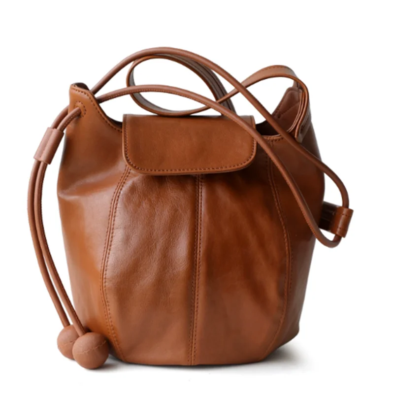 Japanese Korean Style Tassel ball Small Pumpkin Bucket Bag Trendy Cow Leather Female Crossbody Bag Daily-use Purse