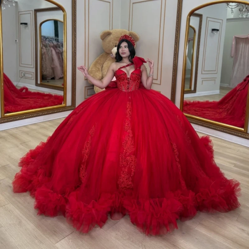 Red Glitter Quinceanera Dresses Off Shoulder Ball Gown Sweet 16 Dress Applique Lace Beading Bow Tiered Tull Corset Party Birthda