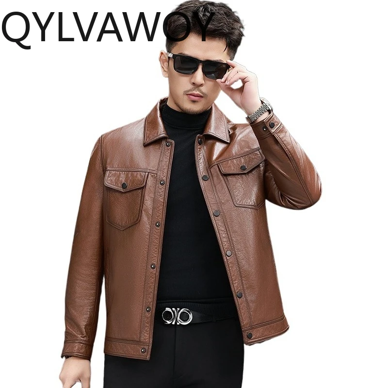 

QYLVAWOY Top Layer Cowhide Real Leather Jacket Autumn Winter Jacket Man Leather Jackets for Man Stylish Chaqueta Cuero Casual